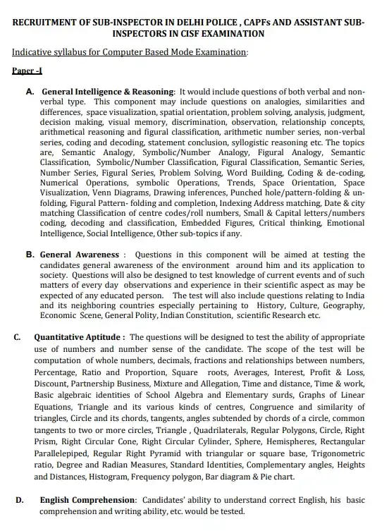 SSC CPO Syllabus In Hindi