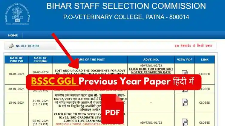 BSSC CGL Previous Year Paper In Hindi